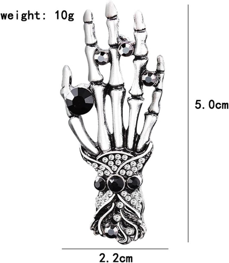 WCRAZYE 2PCS Vintage Skeleton Hand Long Chain Lapel Pin for Women Men Gothic Punk Brooch Retro Crystal Skeleton Skull Collar Pin Halloween Gifts - Image 5